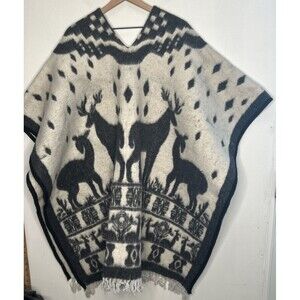 Vintage Mexican Poncho Blanket Reversible 70s Cuamatzi Deer Brown White Fringe